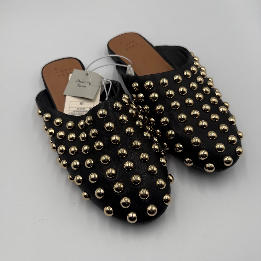 A New Day Channing Black Studded Mules Gold Dome Stud Flat Slides Womens 6.5 NEW